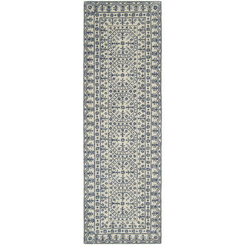 2.5' x 8' Floral Blue and Beige Hand Tufted Rectangular New Zealand Wool Area Throw Rug Runner - IMAGE 1