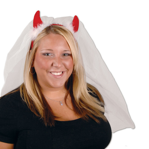 Club Pack of 12 Red Devil Horns Headband with White Veil Party Favor Costume Accessories - One Size - IMAGE 1