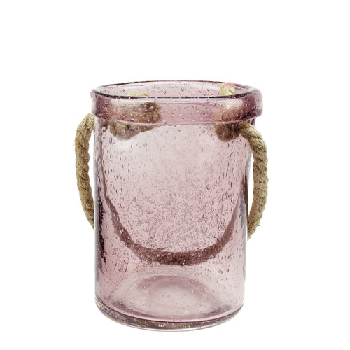 8" Purple and Brown Transparent Mauve Hand Blown Bubble Glass Hurricane with Jute Handle - IMAGE 1