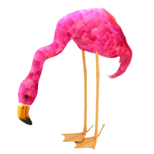 27.5" Standing Hot Pink Feathered Flamingo with Head Down Decoration - IMAGE 1