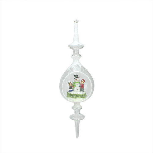 12.5" Winter Scene with Children Building Snowman Inside of Glass Christmas Pendant Finial Ornament - IMAGE 1