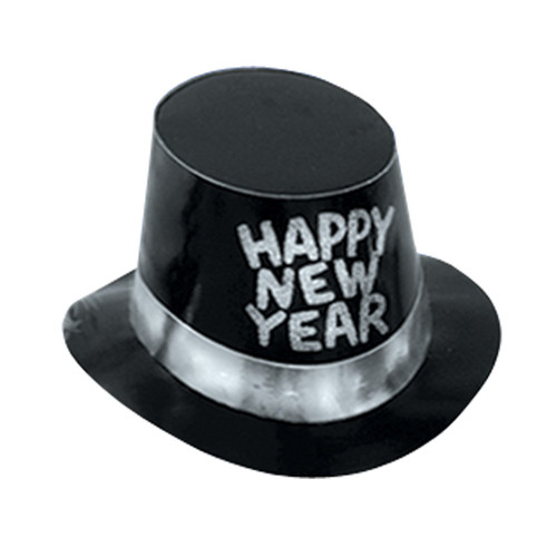 Glittered Happy New Year Party Hi-Hats - Black and Silver - Pack of 25 - IMAGE 1