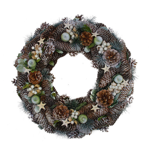 20" Frosted Pine Cone, Apples and Bay Leaves Artificial Christmas Wreath - Unlit - IMAGE 1