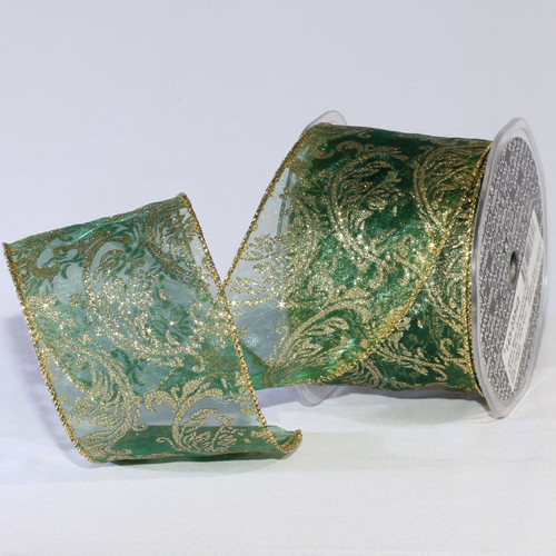 Shimmering Green and Gold Sheer Ornamental Print Wired Craft Ribbon 2.5” x 20 Yards - IMAGE 1