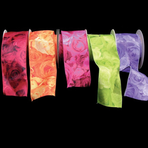 Purple Double Faced  Rose Print Wired Satin Craft Ribbon 3" x 20 Yards - IMAGE 1