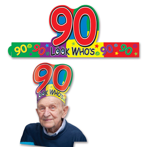 Club Pack of 24 Multi-Colored Adjustable ''Look Who's 90'' Headband Party Accessories - IMAGE 1