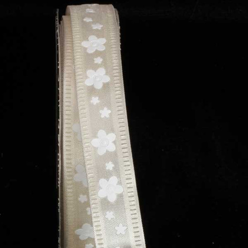 Ivory Floral Wired Craft Ribbon 0.5" x 80 Yards - IMAGE 1