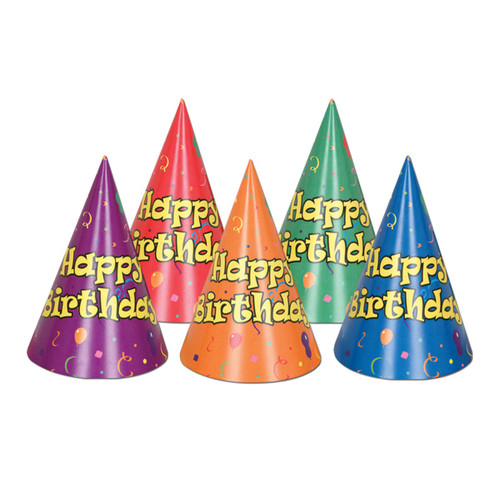 Club Pack of 144 Fun and Festive Assorted Color Balloon and Confetti Birthday Cone Hats 6.5" - IMAGE 1
