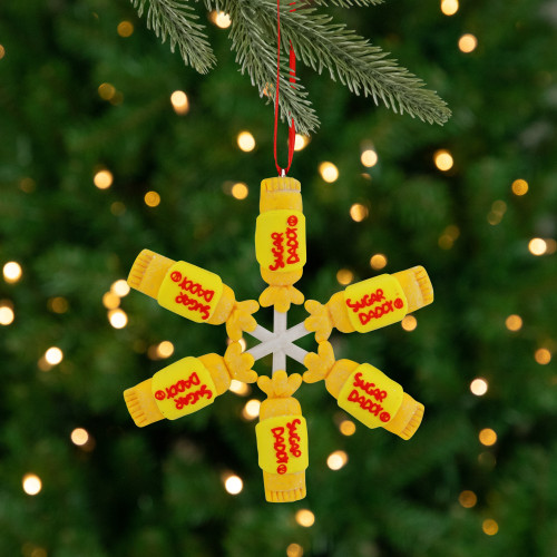 4" Yellow and Red Tootsie Roll Sugar Daddy Lollipop Snowflake Christmas Ornament - IMAGE 1