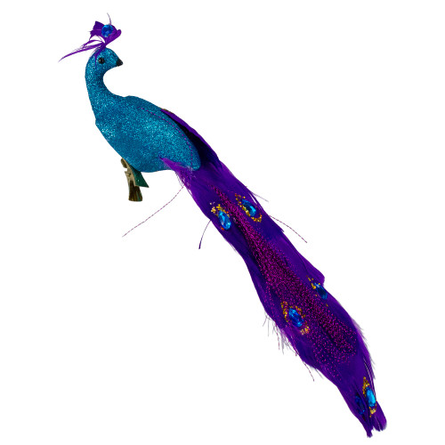 11" Purple and Blue Jeweled Peacock Bird Clip On Christmas Ornament - IMAGE 1