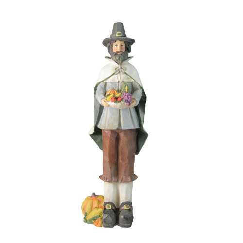 13.75" Autumn Harvest Wood Carved Thanksgiving Pilgrim Man Decorative Figure - IMAGE 1