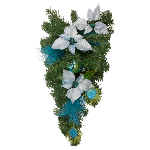 22" Peacock Feather and Poinsettia Artificial Christmas Teardrop Swag, Unlit - IMAGE 1