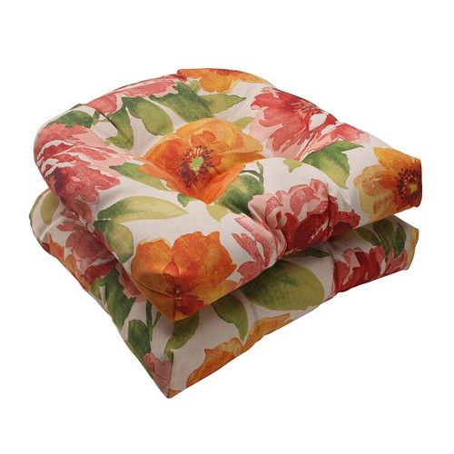 Set of 2 Off-White and Red Floral Outdoor Patio Tufted Wicker Seat Cushions 19" - IMAGE 1