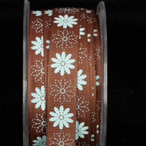 Bright Blue and Brown Inga Flowers Grosgrain Craft Ribbon 5/8" x 108 Yards - IMAGE 1