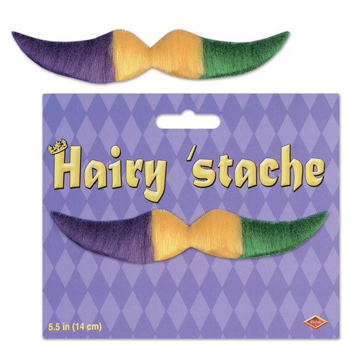 Pack of 12 Purple, Yellow and Green Mardi Gras Themed Hairy Mustache Costume Accessories 5.5" - IMAGE 1