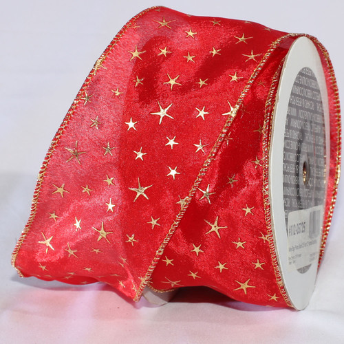 Red and Gold Plump Stars Christmas Wired Craft Ribbon 2.5" x 27 Yards - IMAGE 1