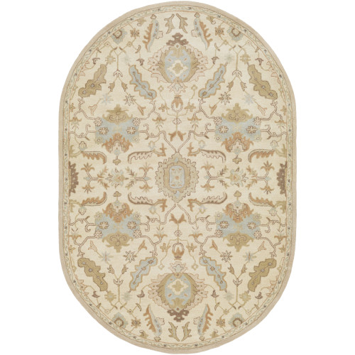 6' x 9' Ivory White and Olive Green Oval Wool Area Throw Rug - IMAGE 1