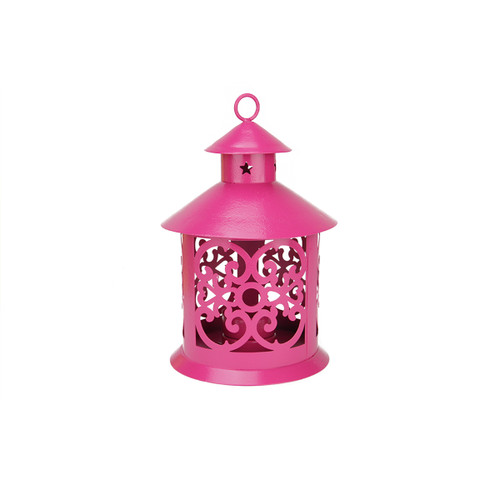 8" Shiny Pink Votive or Tealight Candle Holder Lantern with Star and Scroll Cutouts - IMAGE 1