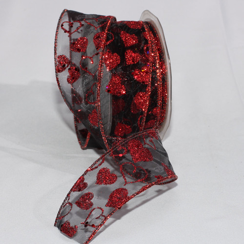Sheer Black and Red Love Glittered Hearts Wired Craft Ribbon 1.5" x 27 Yards - IMAGE 1