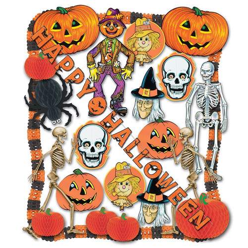 25-Piece Orange and Black Halloween Pumpkin, Bat and Skeleton Decoration Kit - IMAGE 1