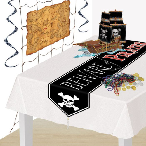 Beware Of Pirates Party Table Runner - 72" - Black, White and Red - Pack of 12 - IMAGE 1