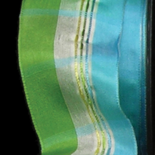 Blue and Green Sheer Striped Woven Wired Craft Ribbon 1.5" x 27 Yards - IMAGE 1