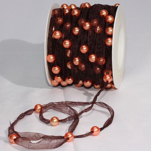 Brown Organdy Contemporary Craft Ribbon with Pearls 9.5" mm x 27 Yards - IMAGE 1