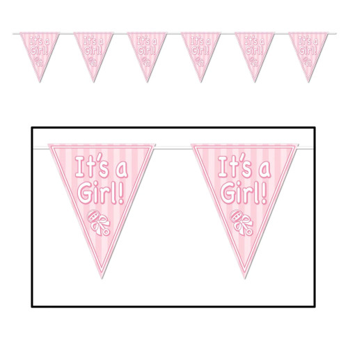 It's A Girl! Pennant Banner Party Decorations - 12'  - Pink and White - Pack of 12 - IMAGE 1