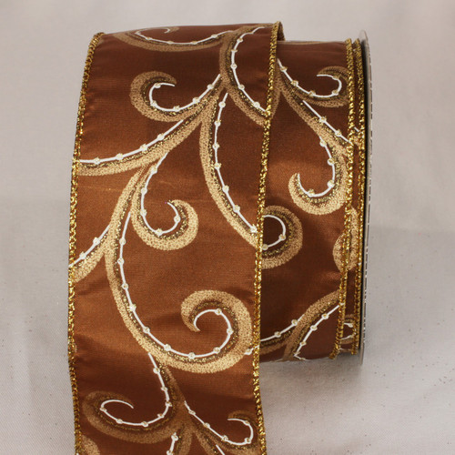 Brown and Gold Swirly Whirl Wired Craft Ribbon 2.5" x 40 Yards - IMAGE 1