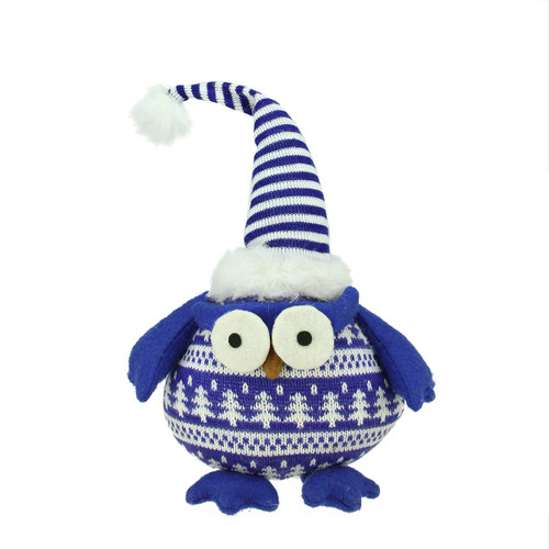 12" Blue Owl with Striped Hat Christmas Tabletop Figurine - IMAGE 1