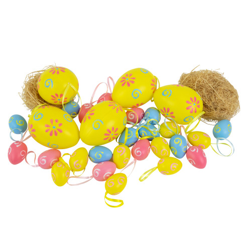 Set of 29 Blue and Yellow Painted Floral Spring Easter Egg Ornaments 3.25" - IMAGE 1