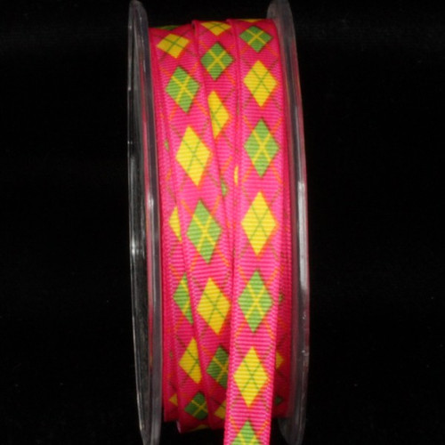 Fuscia Pink and Yellow Argyle Wired Craft Ribbon 0.25" x 27 Yards - IMAGE 1