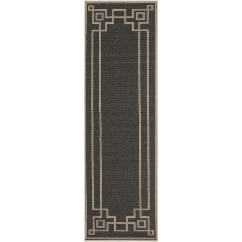 2.25' x 7.75' Charcoal Black Outdoor Rug Runner with Cream Design Border - IMAGE 1