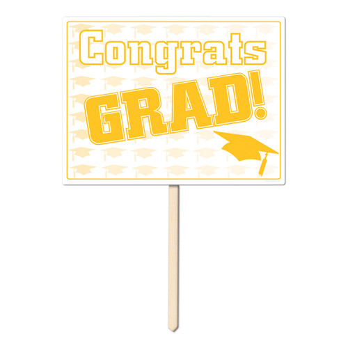 Pack of 6 Yellow and White Plastic Congrats Grad Yard Sign Decorations 15" - IMAGE 1