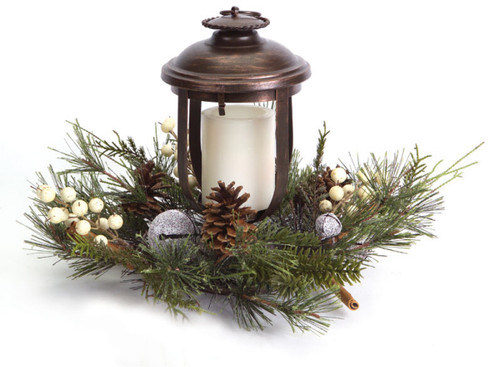 11" Woodland Inspired Lantern with Frosted Pine and Jingle Bell Christmas Pillar Candle Holder - IMAGE 1
