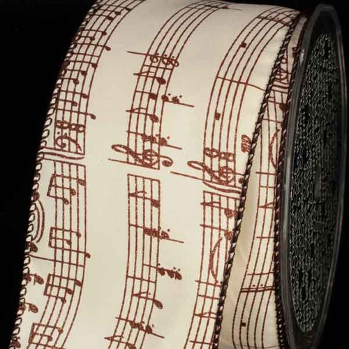 Brown and Beige Taffeta Musical Notes Wired Craft Ribbon 2.5" x 20 Yards - IMAGE 1