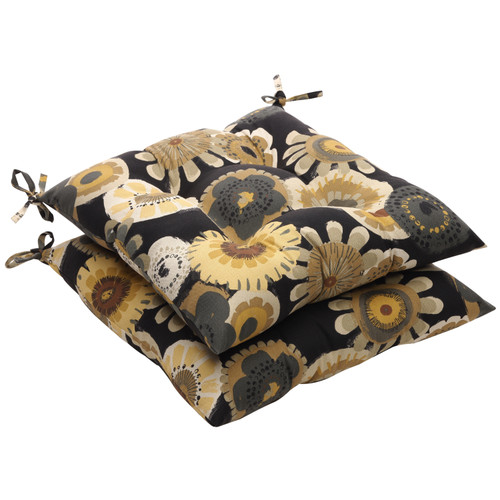 Floral Reversible Patio Tufted Seat Cushions - 19" - Black and Beige - Set of 2 - IMAGE 1