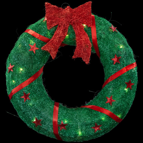 18" Lighted Sisal Wreath with Stars and Bow Christmas Outdoor Decoration - IMAGE 1