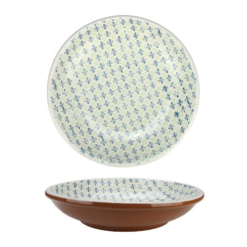 12.25" French Countryside Decorative Green and Blue Flower Round Terracotta Bowl - IMAGE 1