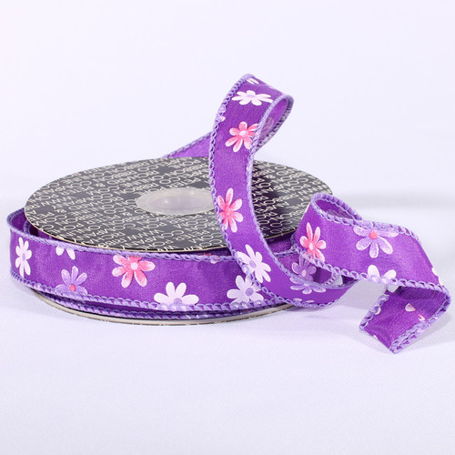 Purple and White Floral Wired Craft Ribbon 0.5" x 40 Yards - IMAGE 1