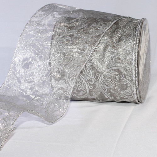 Shimmering Silver Sheer Ornamental Print Wired Craft Ribbon 4” x 20 Yards - IMAGE 1