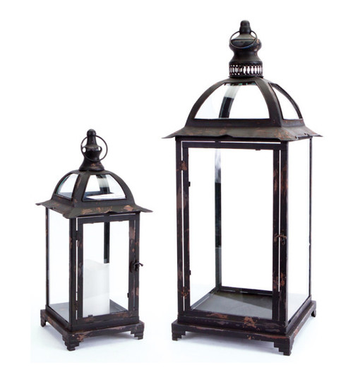 Set of 2 Pagoda Crest Weathered Iron and Glass Pillar Candle Holder Lanterns - 26" - IMAGE 1