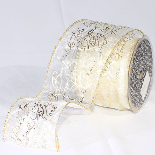Sheer Ivory and Gold Wired Craft Ribbon 3" x 27 Yards - IMAGE 1