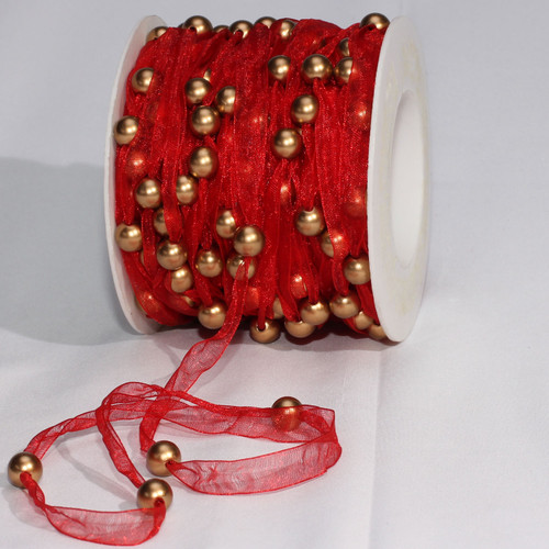 Red Organdy Contemporary Craft Ribbon with Pearls 9.5" mm x 27 Yards - IMAGE 1