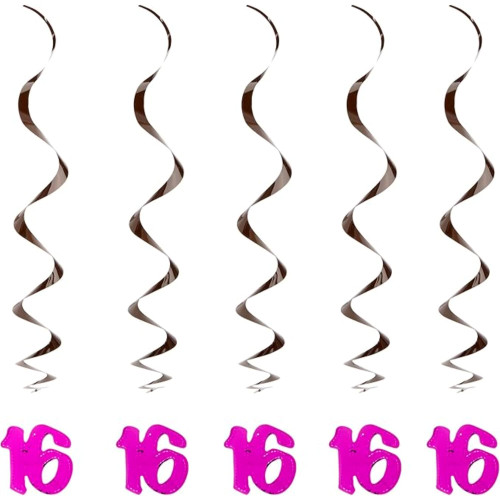 Metallic Whirls "16" Birthday Party Decorations - 3' - Black and Cerise - Pack of 30 - IMAGE 1