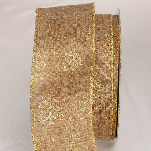 Gold and Tan Brown Wired Craft Ribbon 2.5" x 20 yards - IMAGE 1