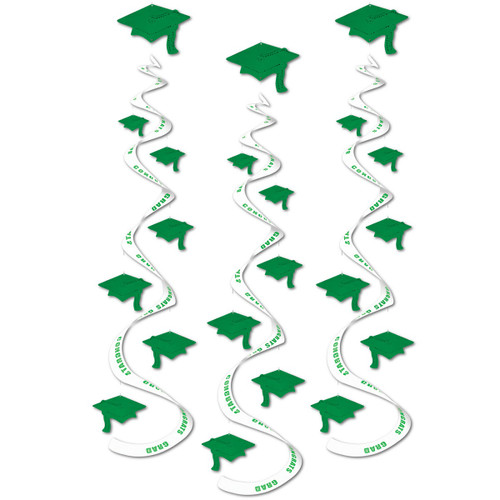 Club Pack of 18 Silver and Green Congrats Grad Hanging Whirl Decorations 30" - IMAGE 1