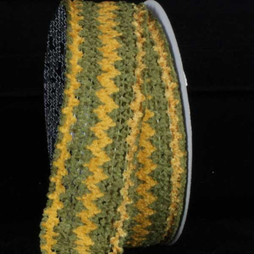 Sage Green and Yellow Chevron Striped Chenille Wired Craft Ribbon 1.5" x 40 Yards - IMAGE 1