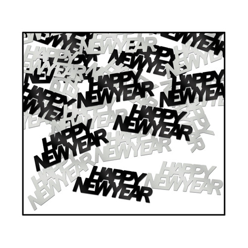 Club Pack of 12 Black and Silver "Happy New Year" Confetti Bags 0.5 oz. - IMAGE 1