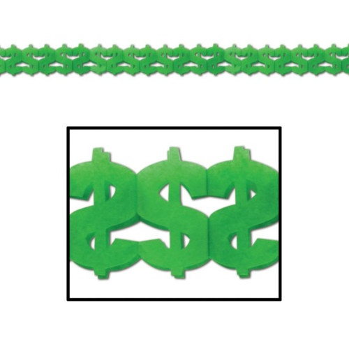 Dollar Sign Hanging Tissue Paper Party Garland -12' - Green - Pack of 12 - IMAGE 1
